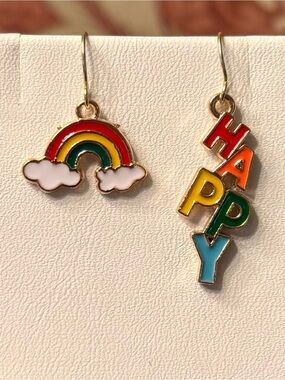 New asymmetrical Rainbow & HAPPY Mismatched Enamel Earrings